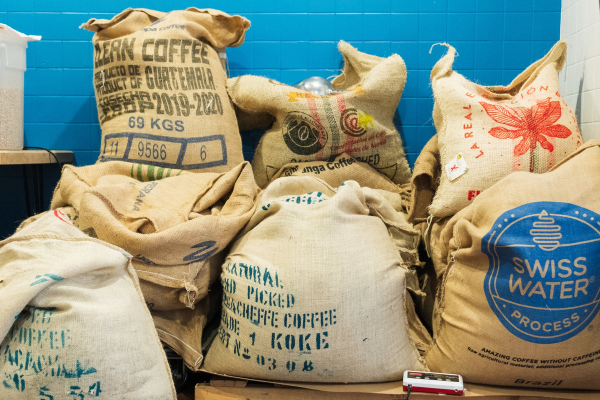 Collection of coffee bags with various brands and labels against a blue wall.