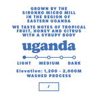 Close-up of Bridge City Coffee Uganda Sironko light roast coffee bag label, featuring single-origin specialty coffee from Uganda's Sironko region.