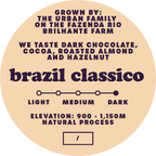 Brazil Classico dark roast specialty coffee from Bridge City Coffee, naturally processed in Brazil with notes of dark chocolate, cocoa, and roasted nuts.